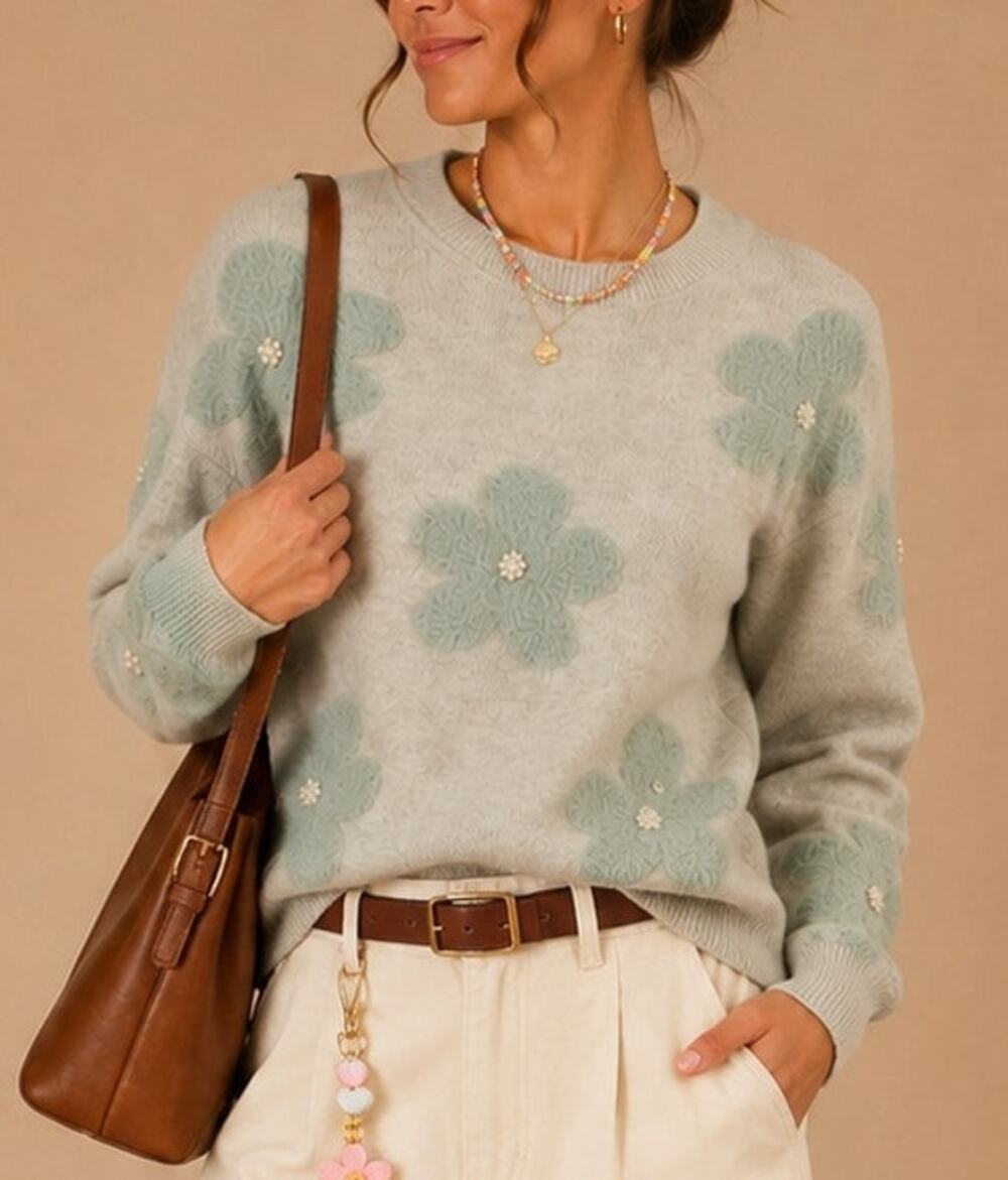 Nanette Lepore Floral Pearl Sweater Size M Green Retro Dopamine Grandma Teacher